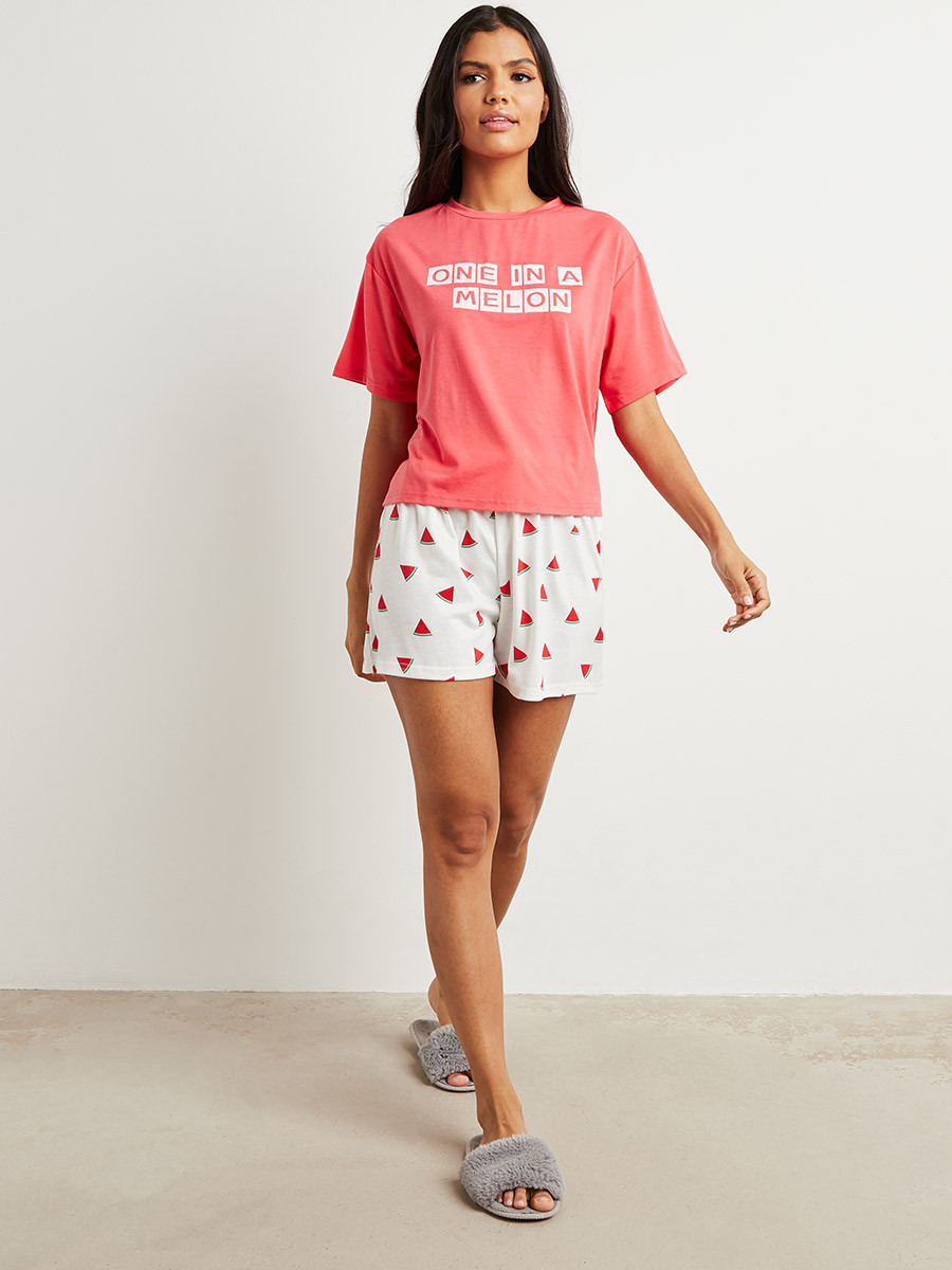 Styli Melon Slogan Print T-shirt and Short Set-women-clothing-nightwear-pyjamas-longsets-image-2