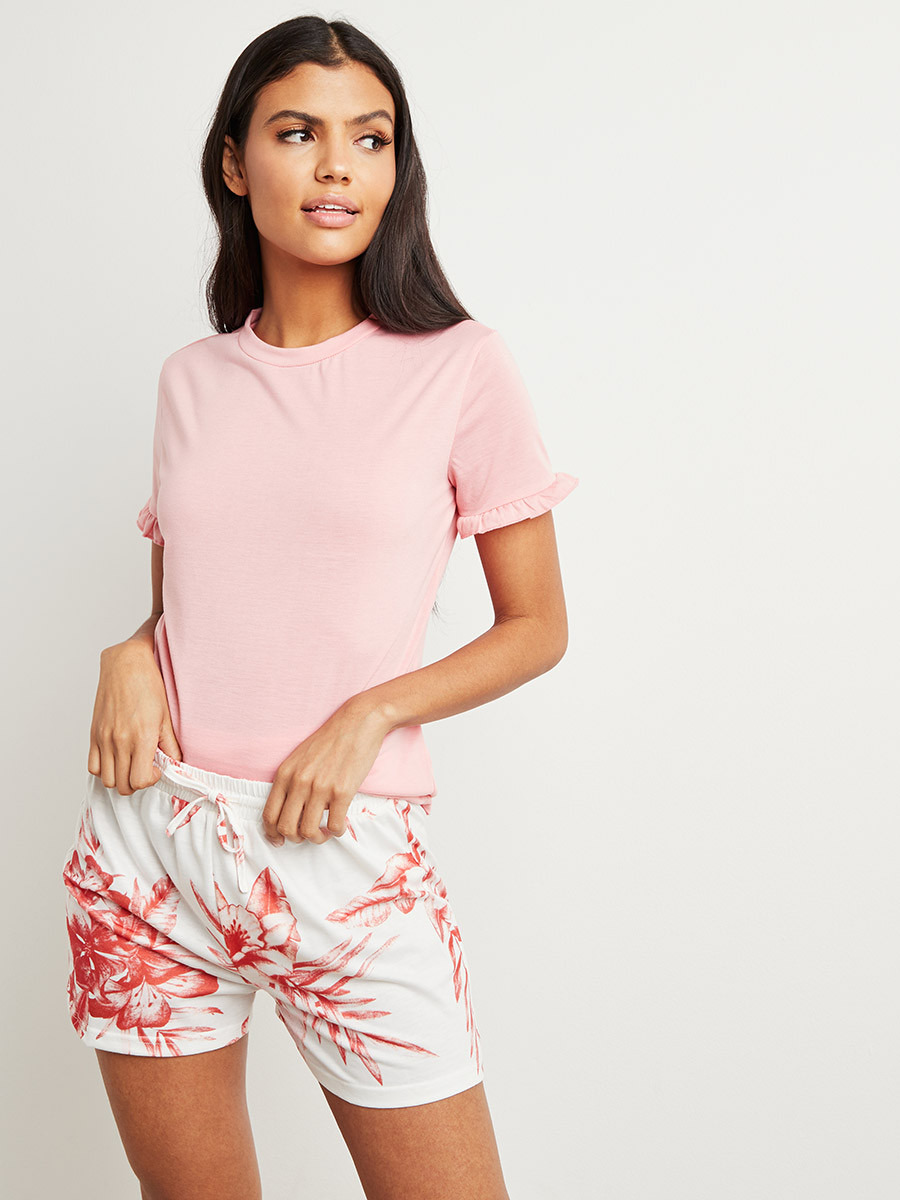 Styli Ruffle Sleeves T-shirt and Print Short Set-women-clothing-nightwear-pyjamas-bottoms-image-1