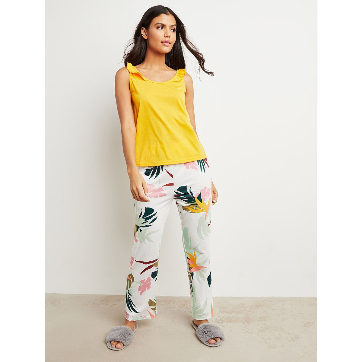 Styli Ruffle Detail Vest and Tropical Print Pyjama Set-women-clothing-nightwear-pyjamas-longsets-image-1