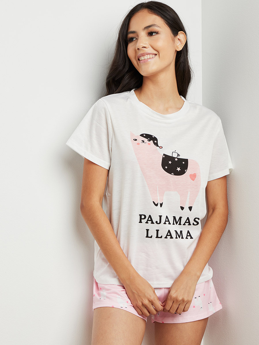 مجموعة من تيشيرت مطبوع وشورت من ستايلي-women-clothing-nightwear-pyjamas-bottoms-image-1