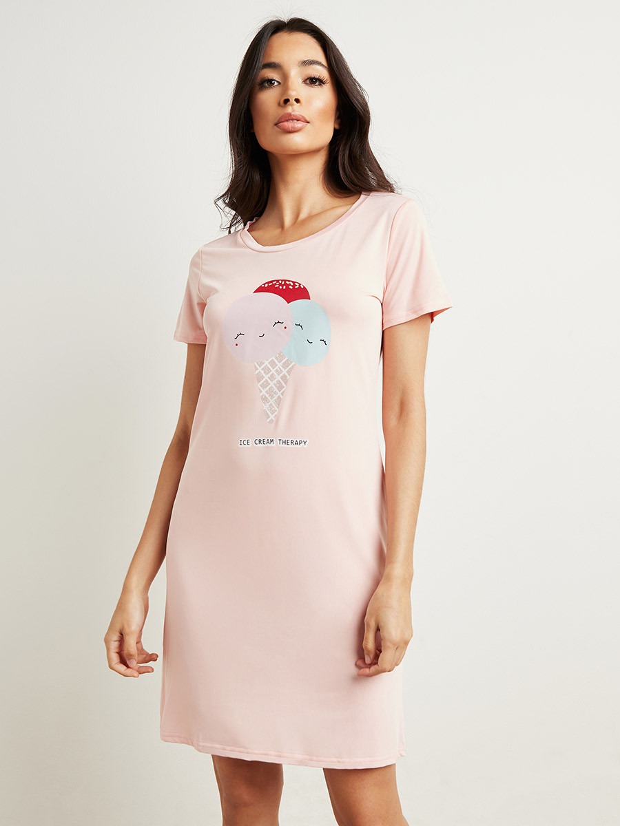 Styli Ice Cream Graphic Printed Sleep Regular Fit T-shirt Dress-women-clothing-nightwear-nighties-image-1