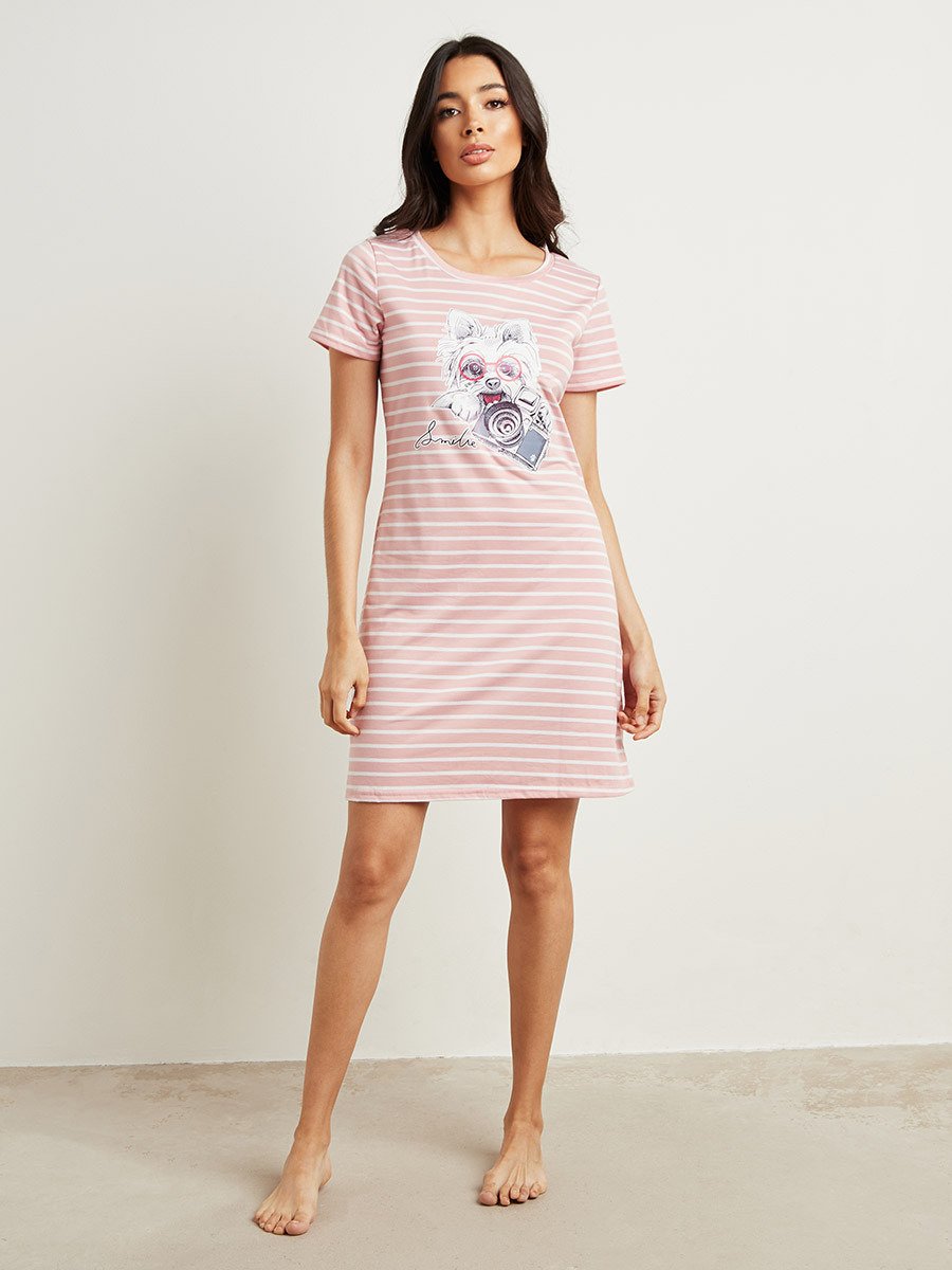 Styli Striped Graphic Printed Regular Fit Sleep T-shirt Dress-women-clothing-nightwear-nighties-image-2