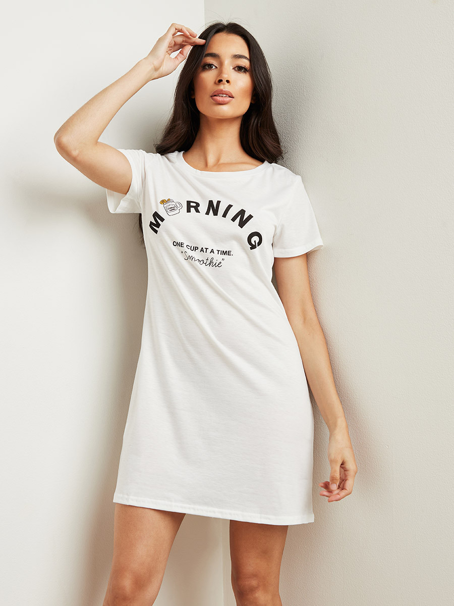 Styli Coffee Morning Slogan Printed Sleep T-shirt Dress-women-clothing-nightwear-nighties-image-1