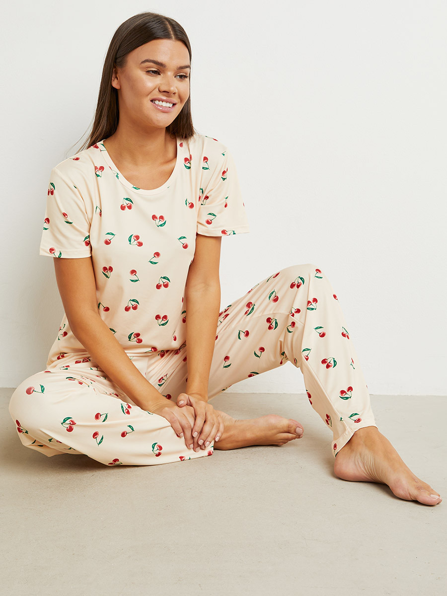 Styli Cherry Print Round Neck T-shirt and Pyjama Set-women-clothing-nightwear-pyjamas-longsets-image-1