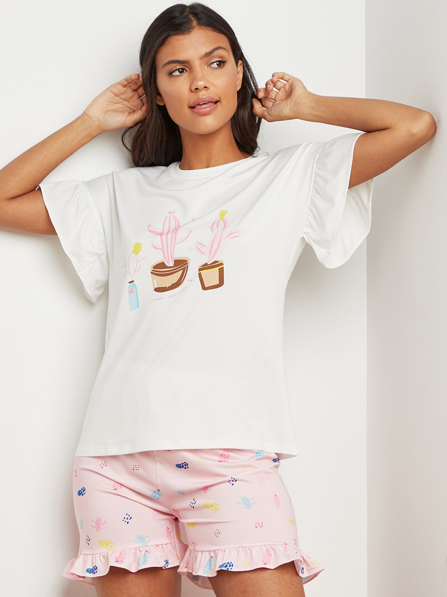 مجموعة من تيشيرت مطبوع وشورت من ستايلي-women-clothing-nightwear-pyjamas-longsets-image-1