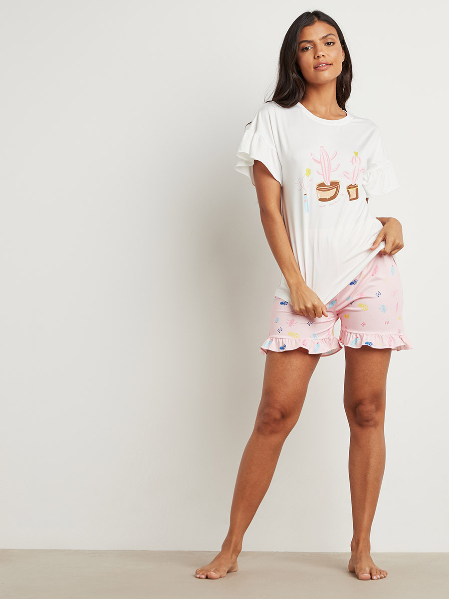 مجموعة من تيشيرت مطبوع وشورت من ستايلي-women-clothing-nightwear-pyjamas-longsets-image-2