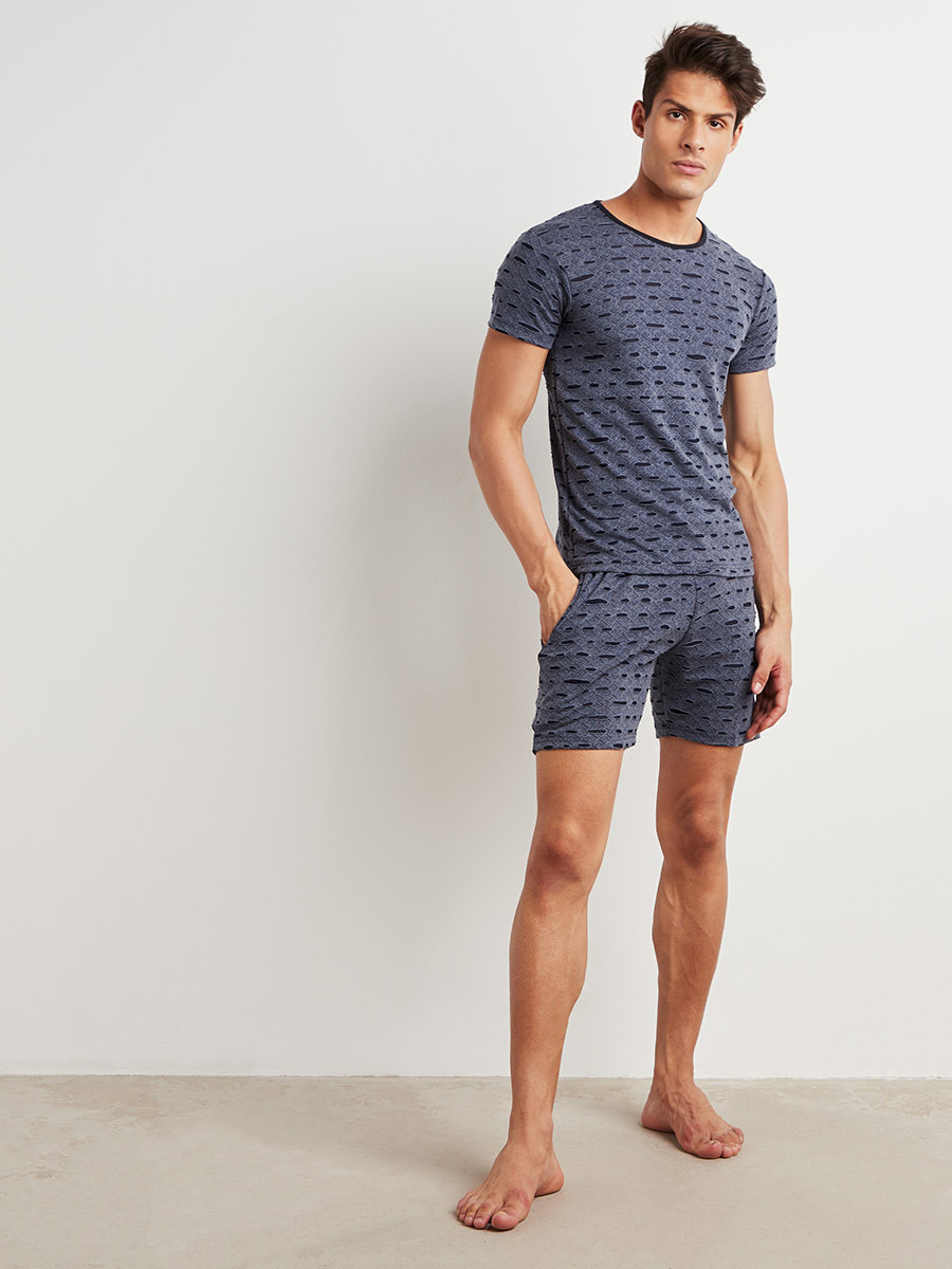 Textured Round Neck T-shirt and Shorts Set-men-clothing-nightwear-tshirts-image-1
