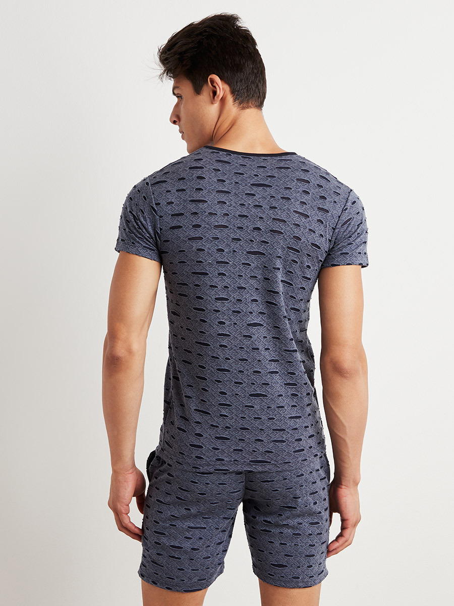 Textured Round Neck T-shirt and Shorts Set-men-clothing-nightwear-tshirts-image-2