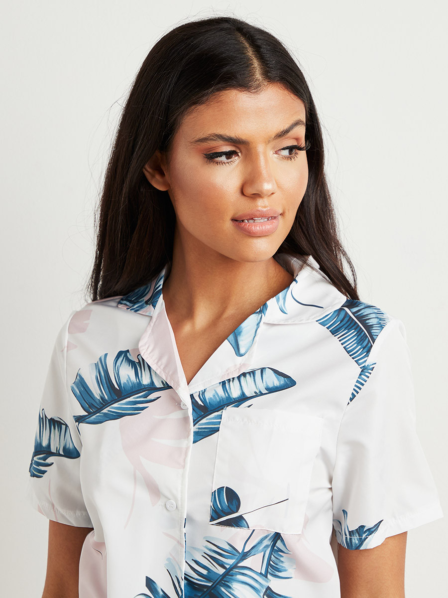 Styli Satin Palm Leaf Print Shirt and Short Set-women-clothing-nightwear-pyjamas-bottoms-image-3
