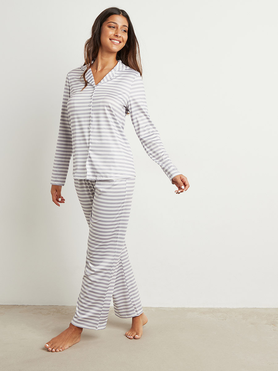 Styli Striped Button Through Long Sleeves Shirt and Pyjama Set-women-clothing-nightwear-pyjamas-bottoms-image-1