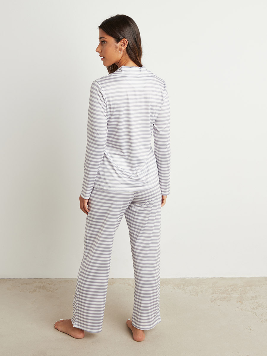 Styli Striped Button Through Long Sleeves Shirt and Pyjama Set-women-clothing-nightwear-pyjamas-bottoms-image-3