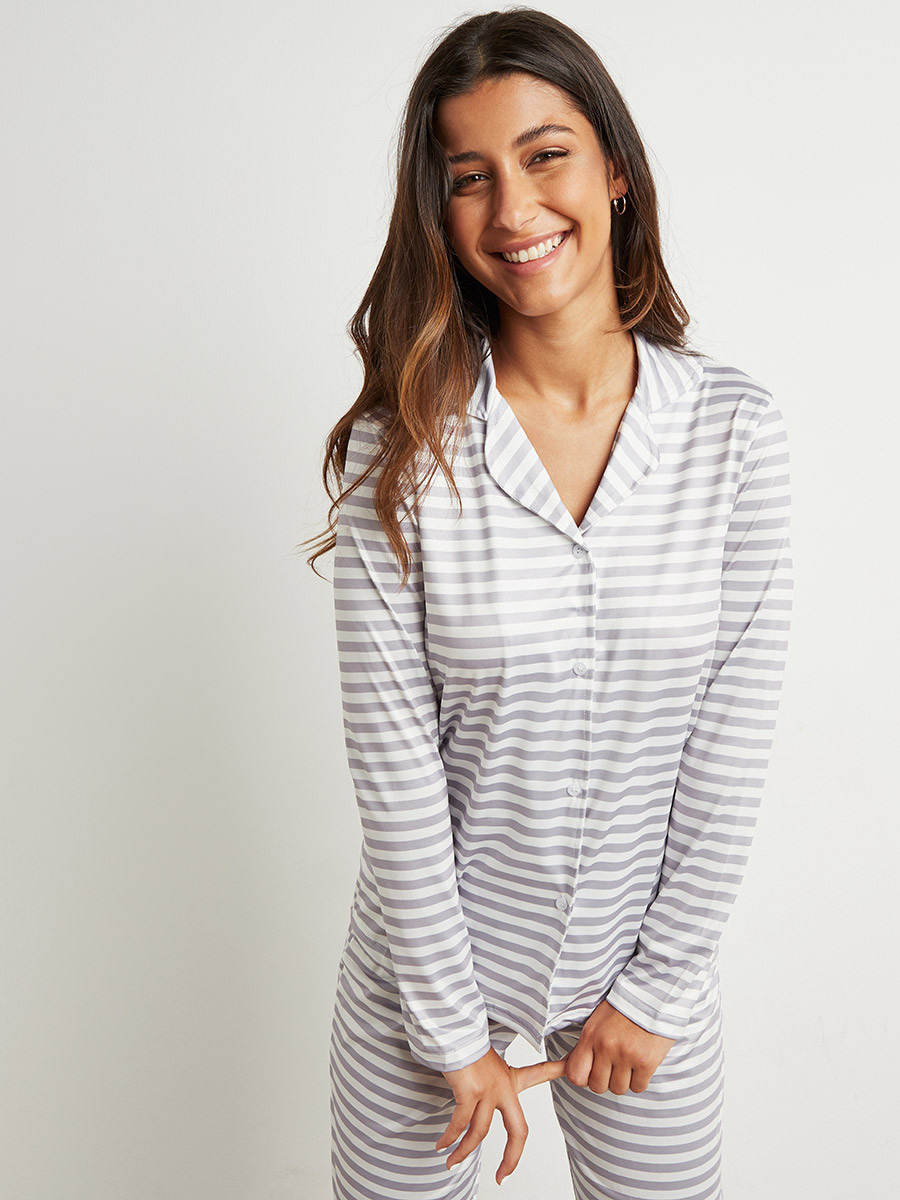 Styli Striped Button Through Long Sleeves Shirt and Pyjama Set-women-clothing-nightwear-pyjamas-bottoms-image-4