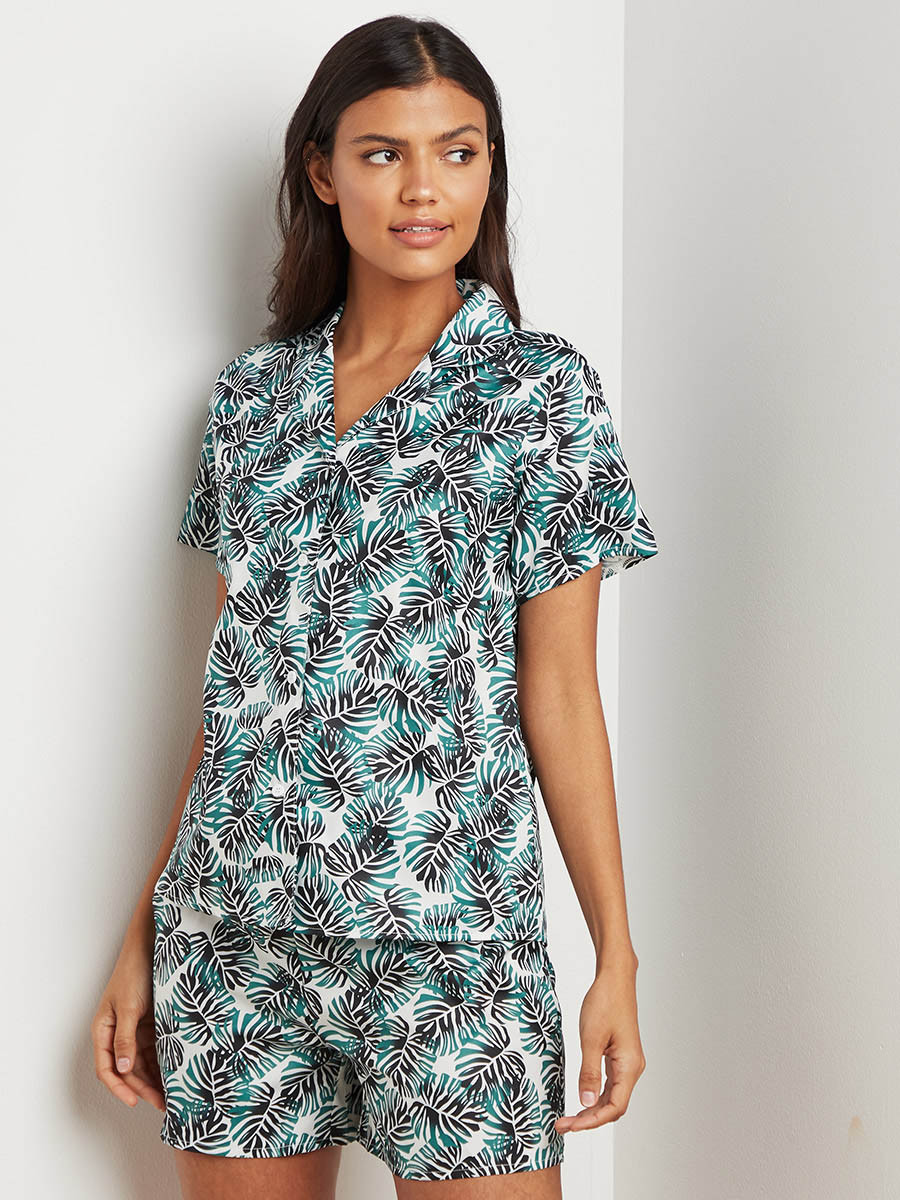 Styli Palm Leaf Printed Short Sleeves Shirt and Shorts Set-women-clothing-nightwear-pyjamas-bottoms-image-1
