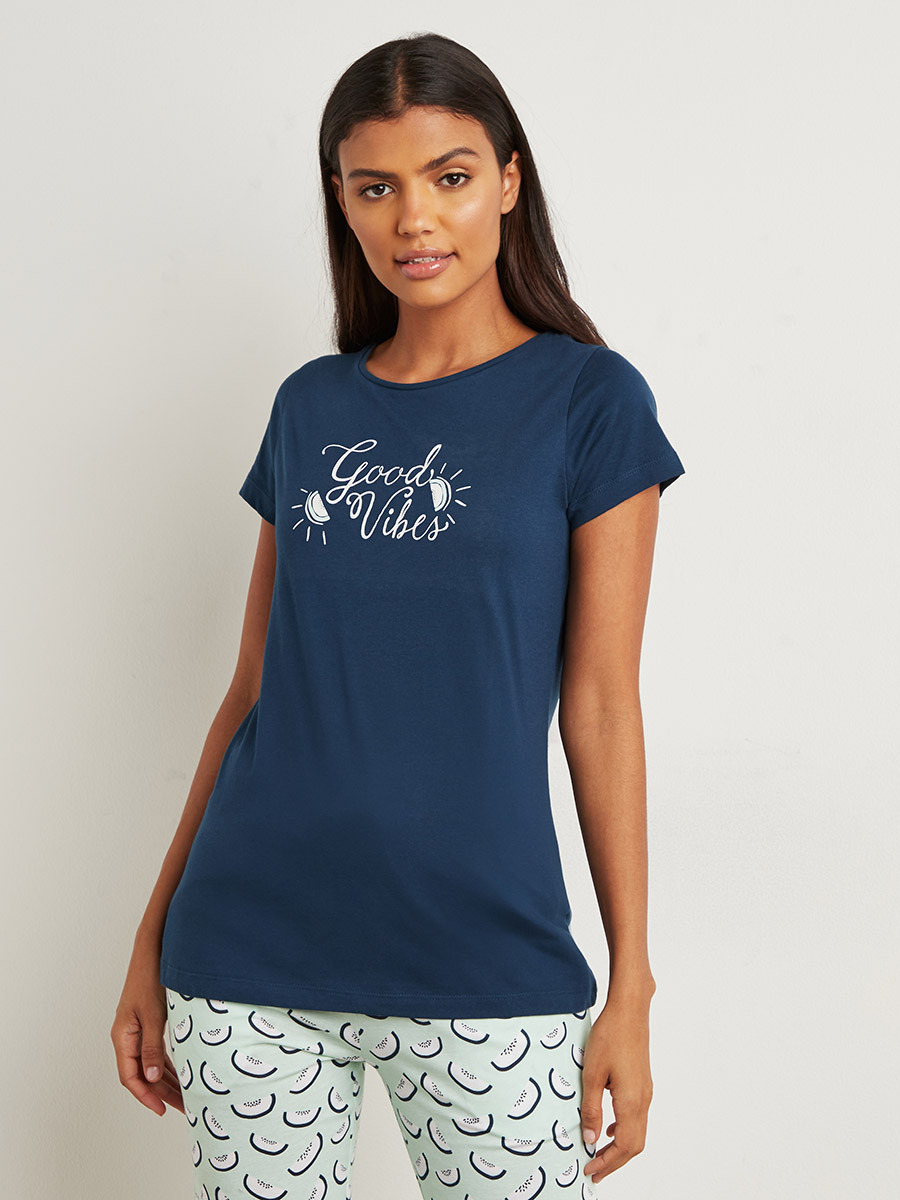 Styli Cotton Good Vibes Slogan Printed T-shirt and Pyjama Set-women-clothing-nightwear-pyjamas-longsets-image-2