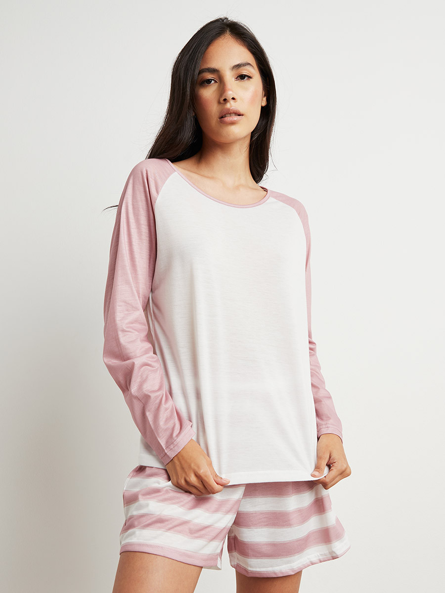 Styli Contrast Raglan Sleeves T-shirt and Striped Shorts Set-women-clothing-nightwear-pyjamas-longsets-image-1