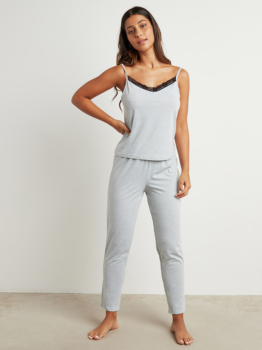 Styli Contrast Lace Detail Cami and Pyjama Set-women-clothing-nightwear-pyjamas-longsets-image-1