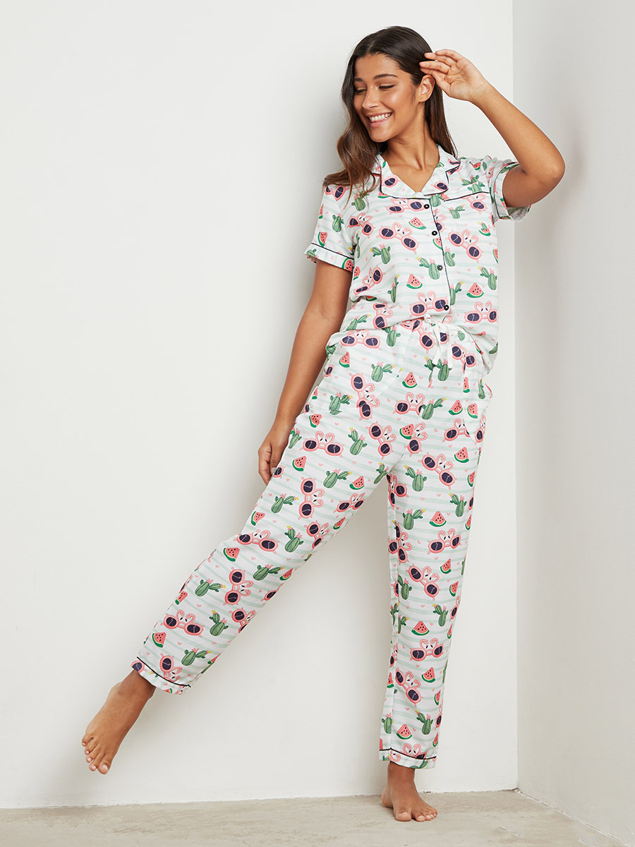 Pool Party Printed Button Through Shirt and Pyjama with Eyemask Set-women-clothing-nightwear-pyjamas-bottoms-image-1