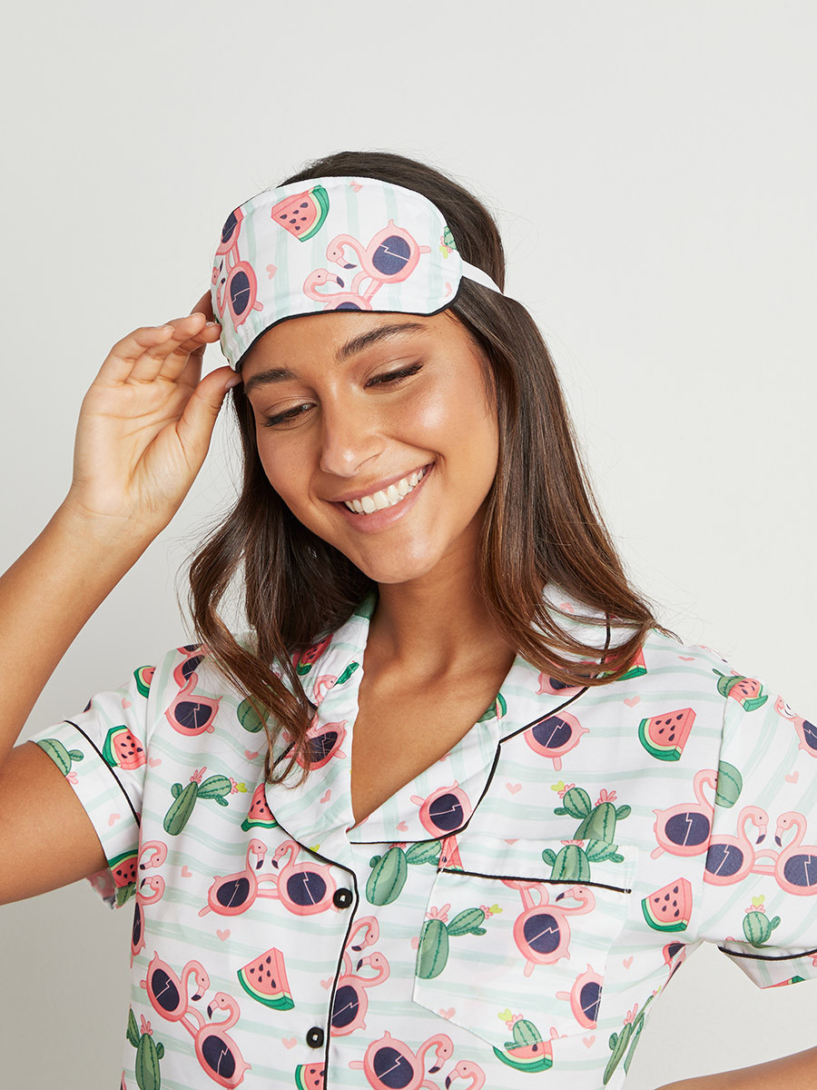 Pool Party Printed Button Through Shirt and Pyjama with Eyemask Set-women-clothing-nightwear-pyjamas-bottoms-image-2
