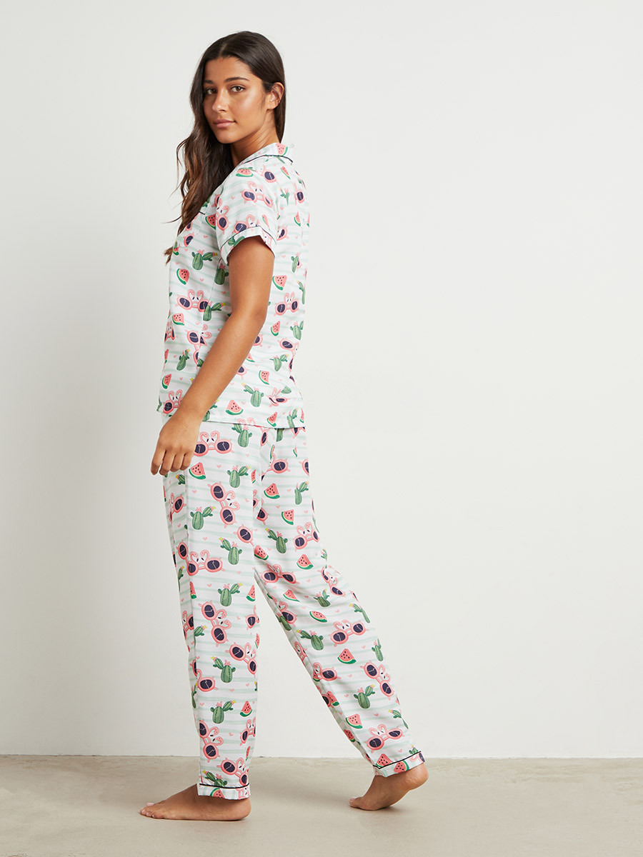 Pool Party Printed Button Through Shirt and Pyjama with Eyemask Set-women-clothing-nightwear-pyjamas-bottoms-image-4