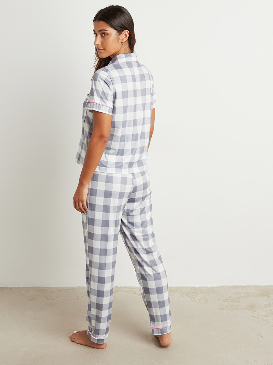 Styli Checked Button Through Short Sleeves Shirt and Pyjama Set-women-clothing-nightwear-pyjamas-longsets-image-5