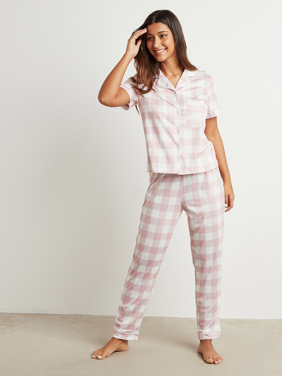 Styli Checked Button Through Short Sleeves Shirt and Pyjama Set-women-clothing-nightwear-pyjamas-longsets-image-1