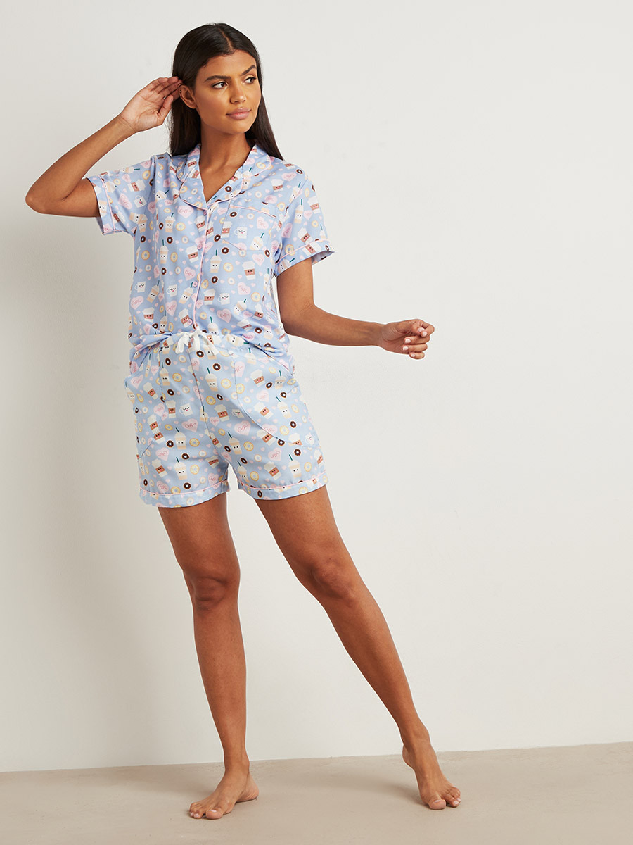 Coffee and Doughnut Button Through Shirt and Short Set-women-clothing-nightwear-pyjamas-bottoms-image-1