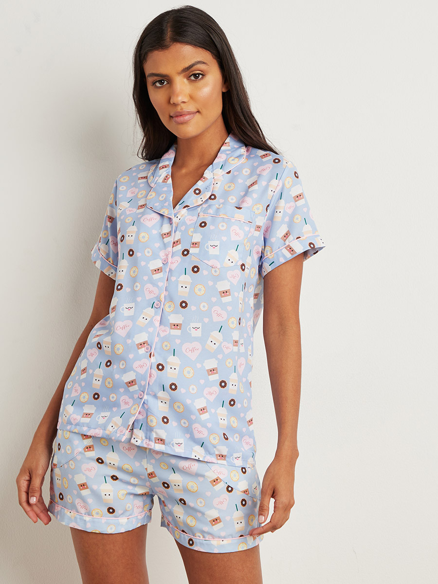 Coffee and Doughnut Button Through Shirt and Short Set-women-clothing-nightwear-pyjamas-bottoms-image-2