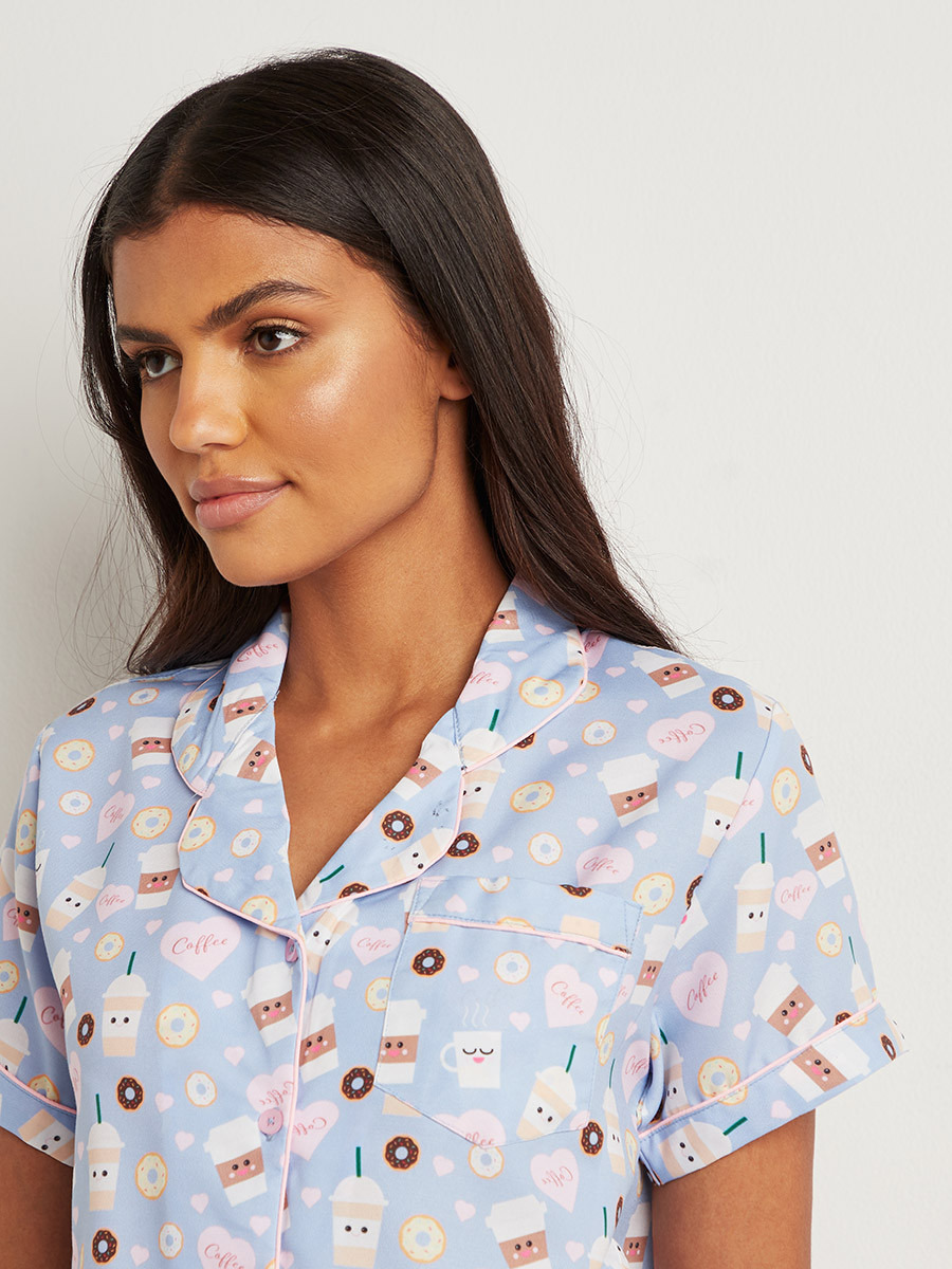 Coffee and Doughnut Button Through Shirt and Short Set-women-clothing-nightwear-pyjamas-bottoms-image-3