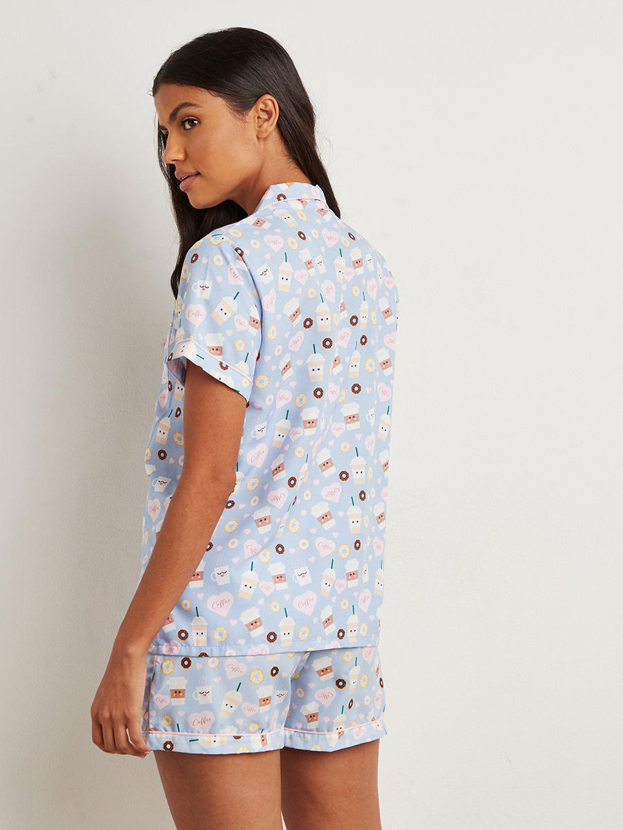Coffee and Doughnut Button Through Shirt and Short Set-women-clothing-nightwear-pyjamas-bottoms-image-5