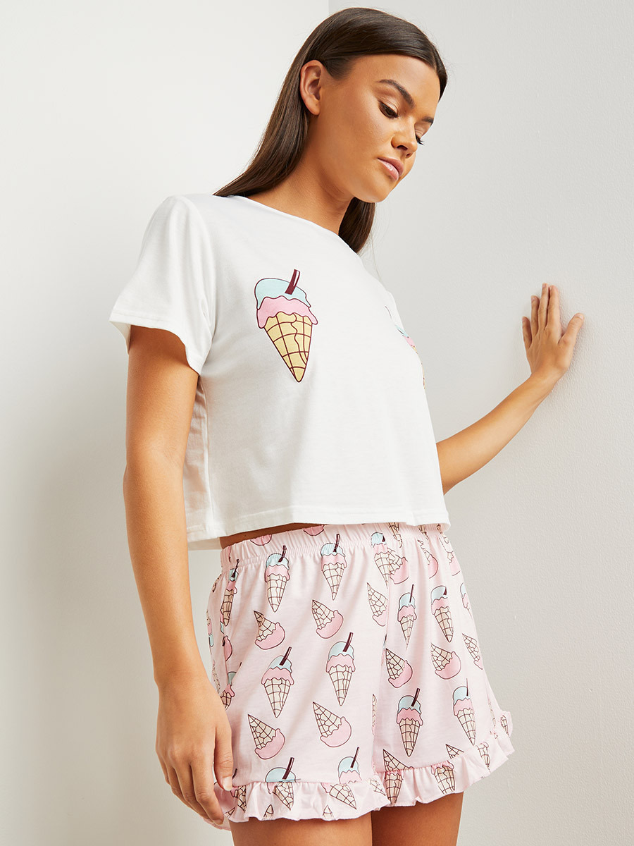 Styli Ice Cream Print Crop T-shirt and Ruffle Hem Shorts Set-women-clothing-nightwear-pyjamas-longsets-image-1