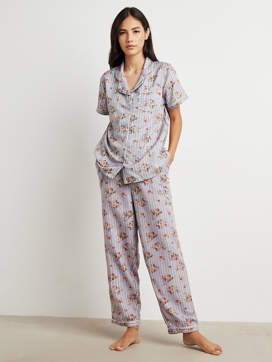 Floral Print Short Sleeves Shirt and Pyjama Set-women-clothing-nightwear-pyjamas-longsets-image-1