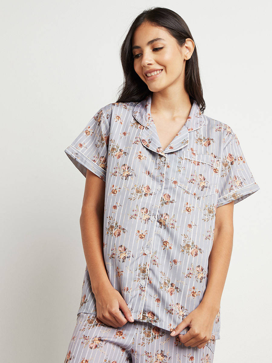 Floral Print Short Sleeves Shirt and Pyjama Set-women-clothing-nightwear-pyjamas-longsets-image-2