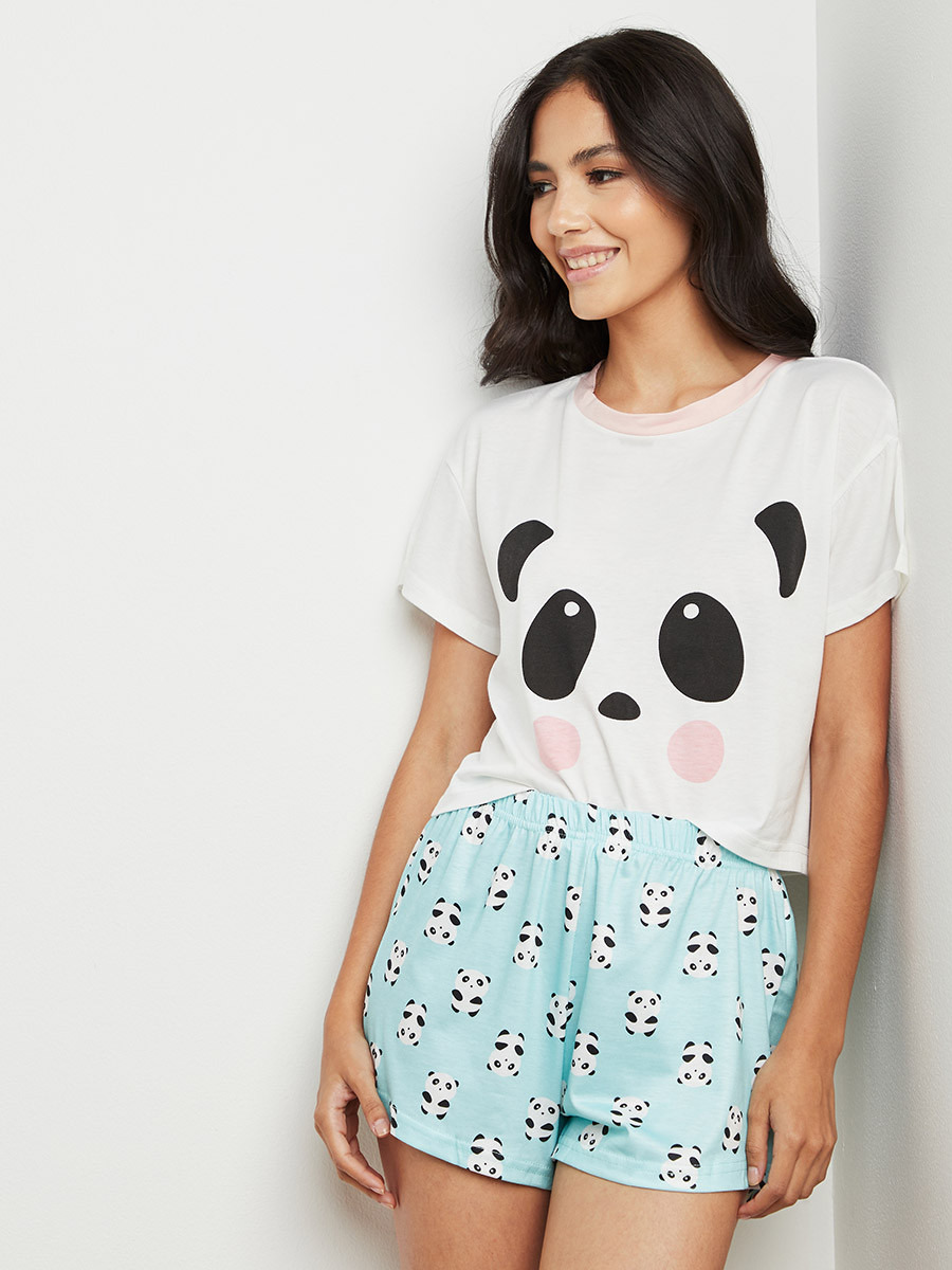 مجموعة من تيشيرت مطبوع وشورت من ستايلي-women-clothing-nightwear-pyjamas-bottoms-image-1