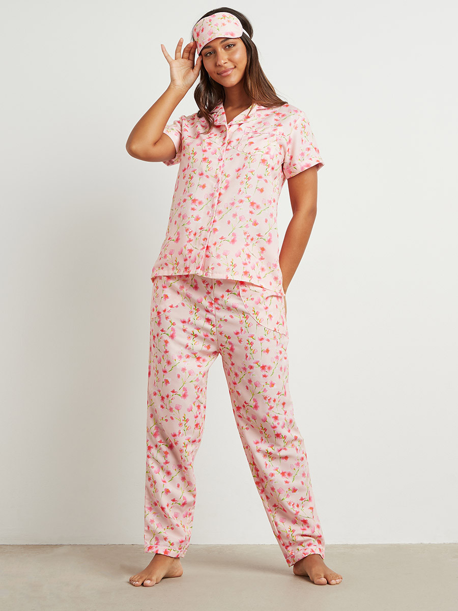 Spring Floral Printed Button Through Shirt and Pyjama with Eye Mask Set-women-clothing-nightwear-pyjamas-longsets-image-2