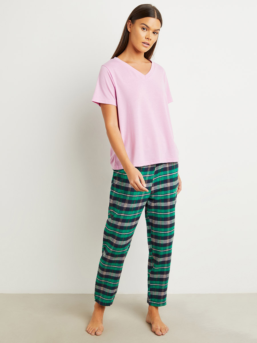 Styli Plain Short Sleeves T-shirt and Checked Pyjama Set-women-clothing-nightwear-pyjamas-bottoms-image-2