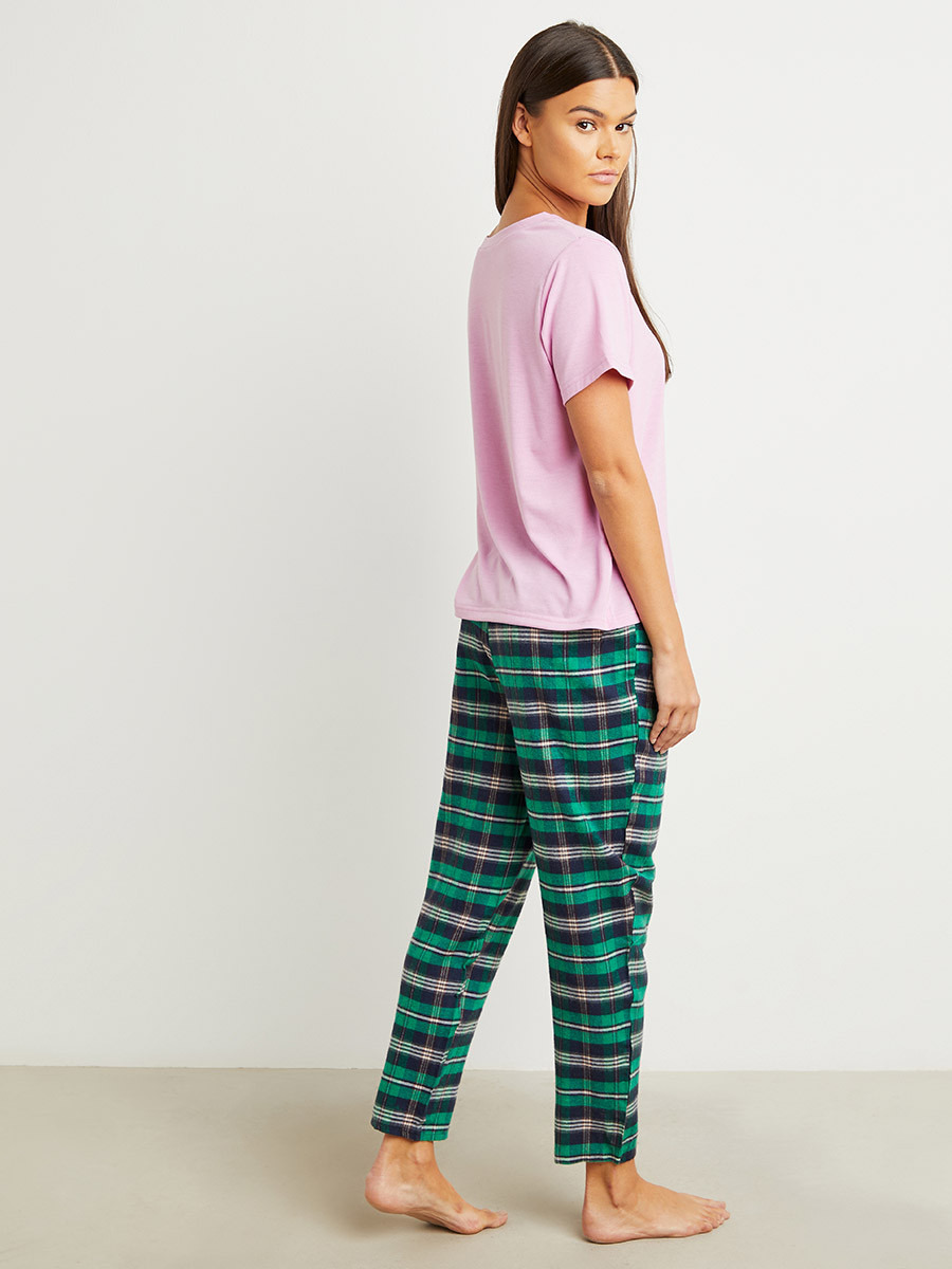 Styli Plain Short Sleeves T-shirt and Checked Pyjama Set-women-clothing-nightwear-pyjamas-bottoms-image-5