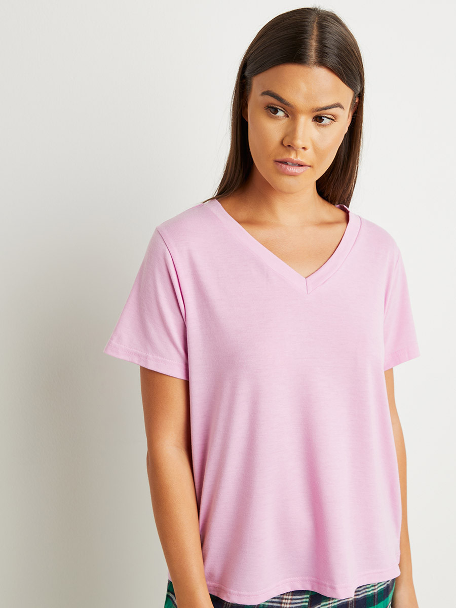 Styli Plain Short Sleeves T-shirt and Checked Pyjama Set-women-clothing-nightwear-pyjamas-bottoms-image-6