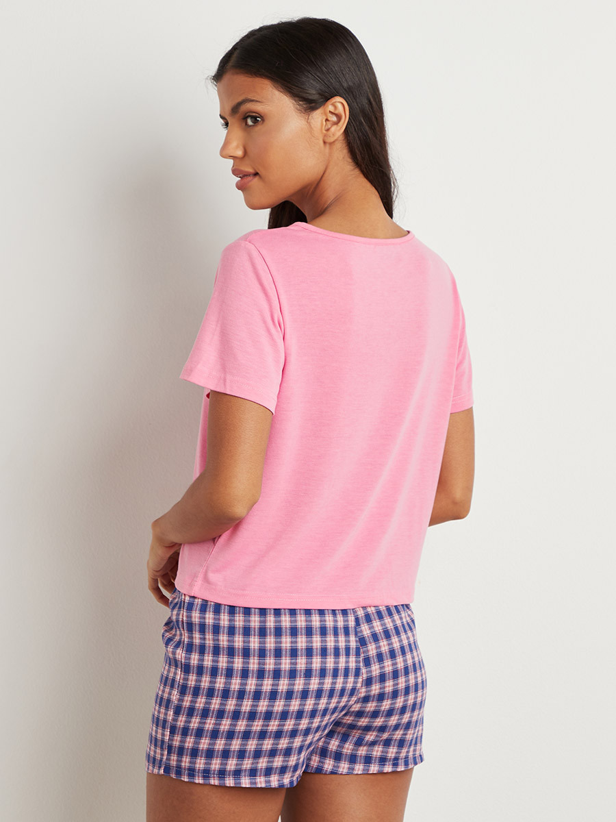 Styli Plain Short Sleeves T-shirt and Checked Shorts Set-women-clothing-nightwear-pyjamas-longsets-image-3