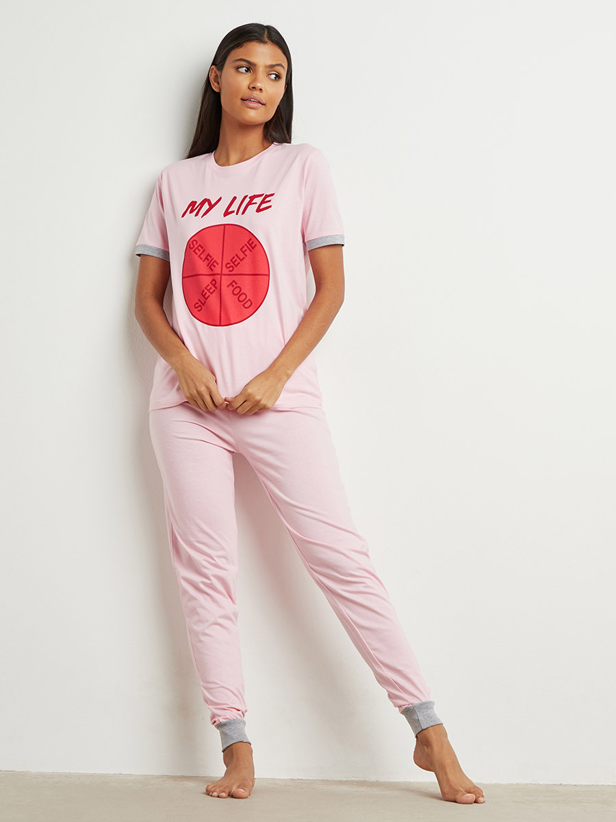 Cotton My Life Print T-shirt and Cuffed Pyjama Set-women-clothing-nightwear-pyjamas-longsets-image-1