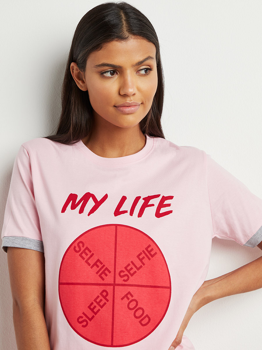 Cotton My Life Print T-shirt and Cuffed Pyjama Set-women-clothing-nightwear-pyjamas-longsets-image-2