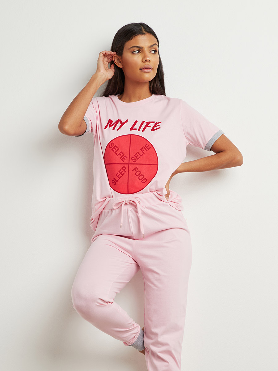 Cotton My Life Print T-shirt and Cuffed Pyjama Set-women-clothing-nightwear-pyjamas-longsets-image-4