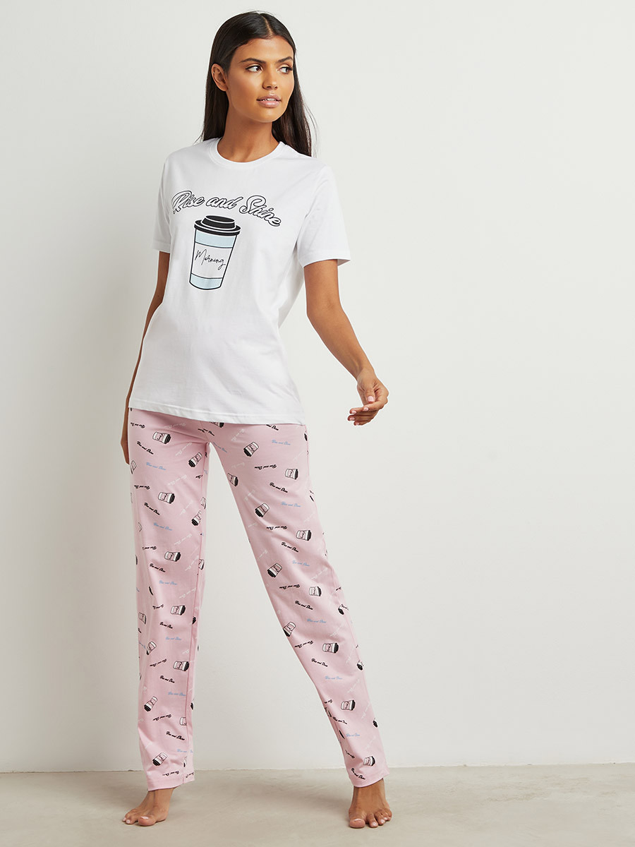 Cotton Rise and Shine Printed T-shirt and Pyjama Set-women-clothing-nightwear-pyjamas-bottoms-image-1