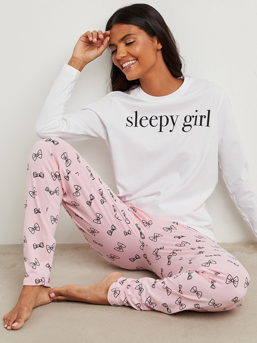 Cotton Sleepy Girl Long Sleeves T-shirt and Printed Pyjama Set-women-clothing-nightwear-pyjamas-bottoms-image-1