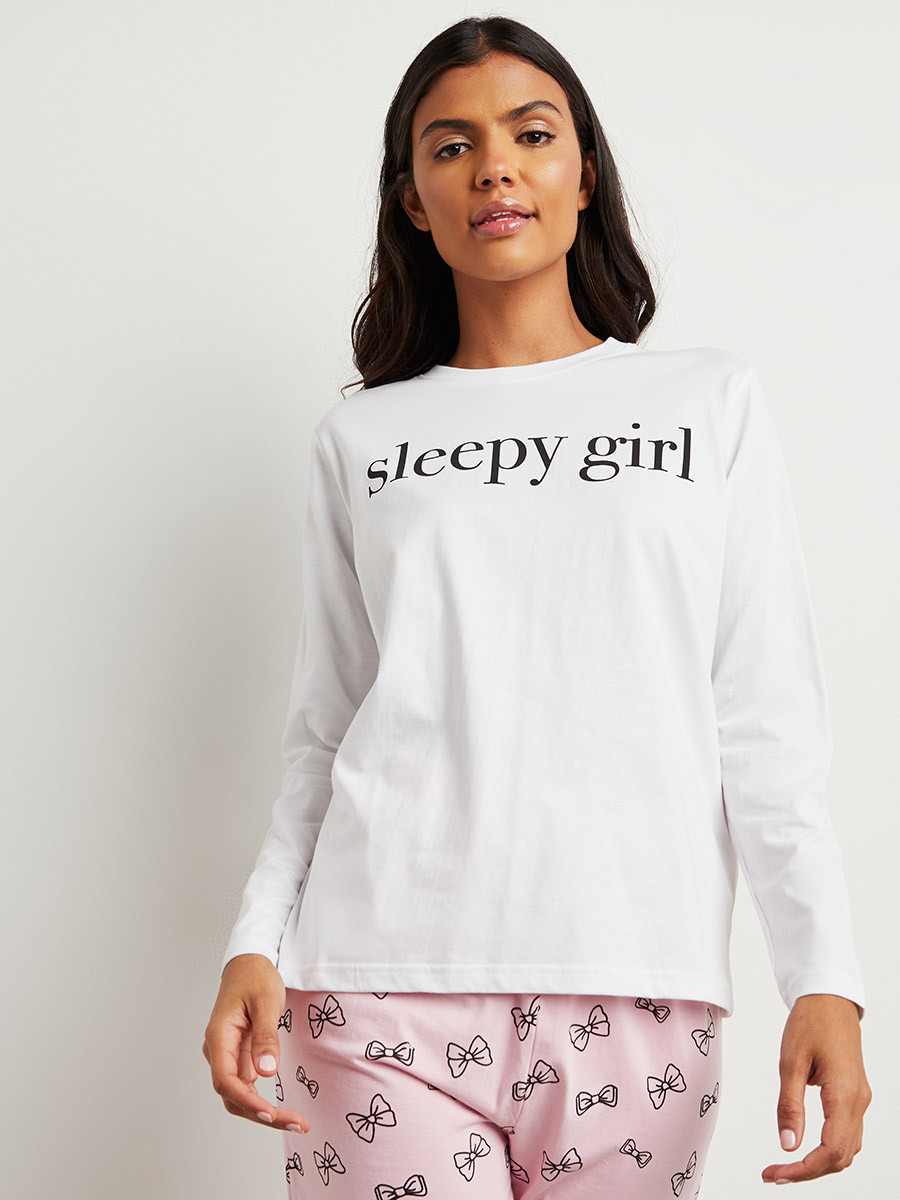 Cotton Sleepy Girl Long Sleeves T-shirt and Printed Pyjama Set-women-clothing-nightwear-pyjamas-bottoms-image-2