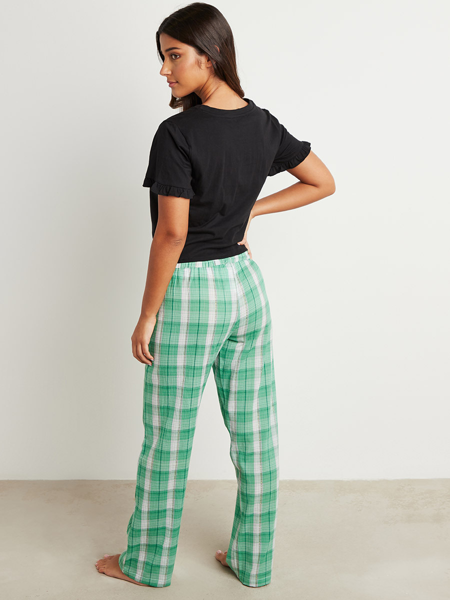 Styli Cotton Front Tie Ruffle Hem Sleeves T-shirt and Check Pyjama Set-women-clothing-nightwear-pyjamas-longsets-image-4