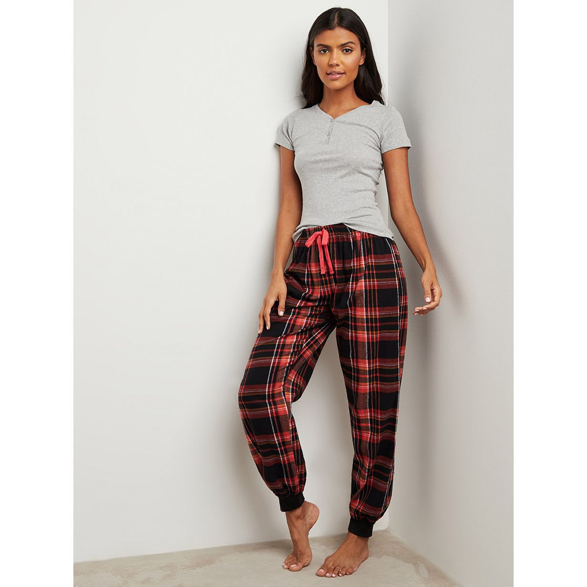 Styli Cotton Henley Short Sleeves T-shirt and Check Cuff Pyjama Set-women-clothing-nightwear-pyjamas-longsets-image-1