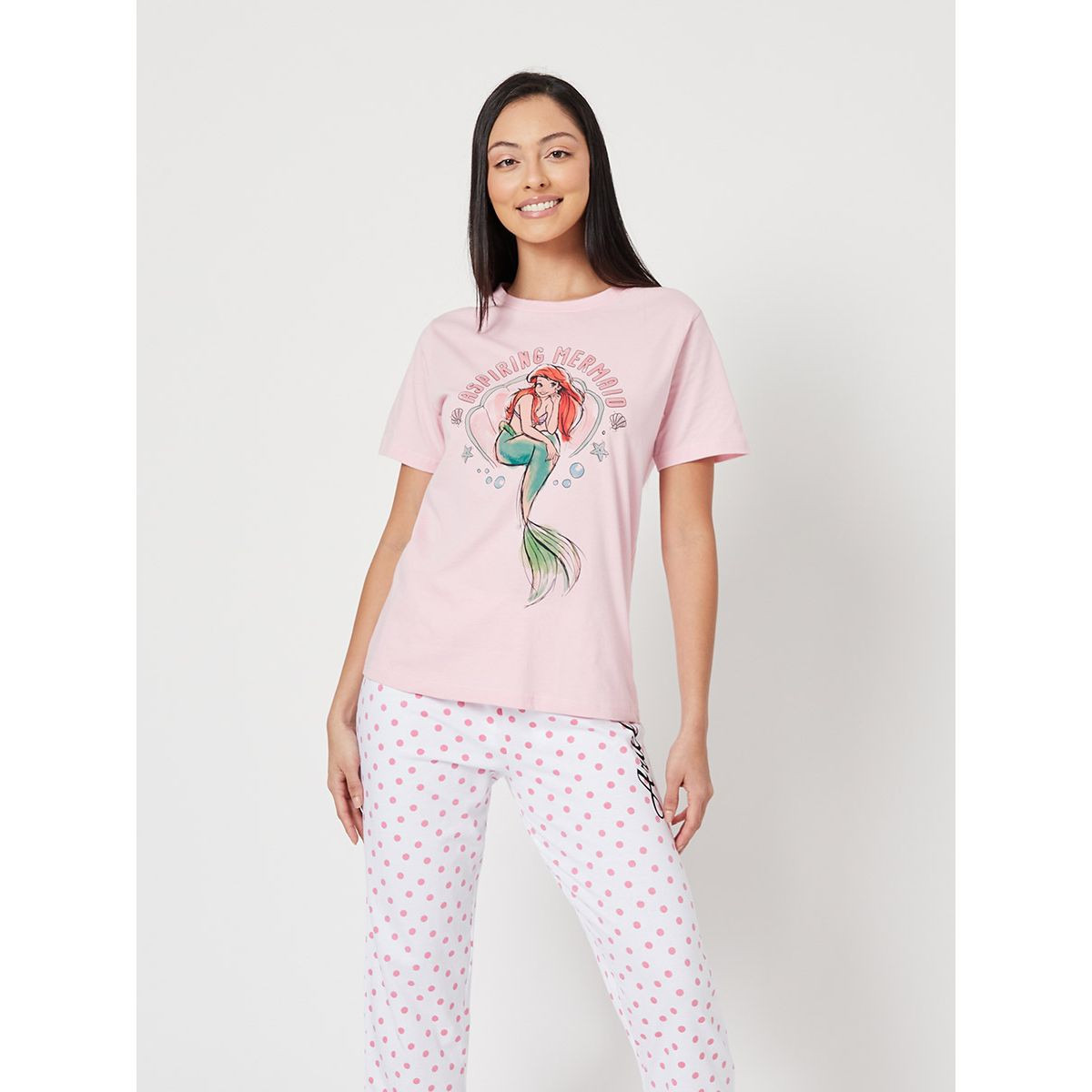 Styli Cotton Disney Princess Mermaid Graphic Print T-shirt and Capri Set-women-clothing-nightwear-pyjamas-longsets-image-2