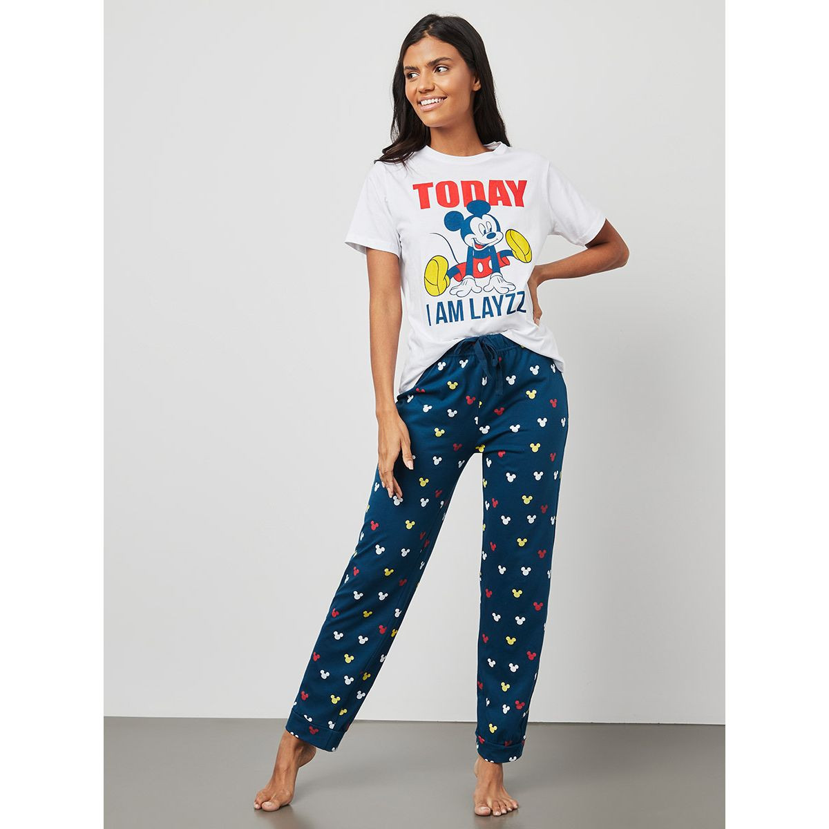 Styli Disney Mickey Print T-shirt and Pyjama Set-women-clothing-nightwear-pyjamas-longsets-image-1