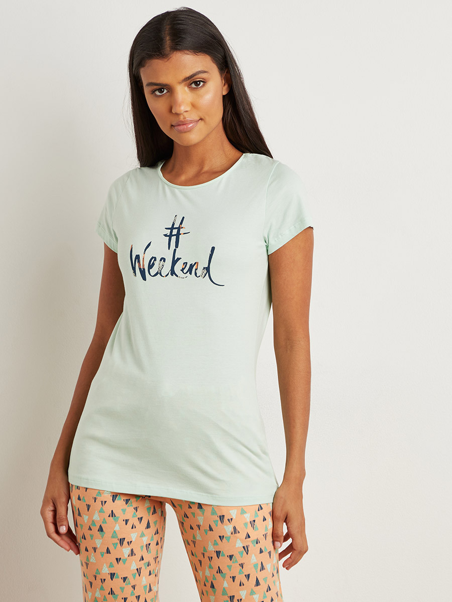 Styli Cotton Weekend Slogan Printed T-shit and Straight Pyjama Set-women-clothing-nightwear-pyjamas-longsets-image-2