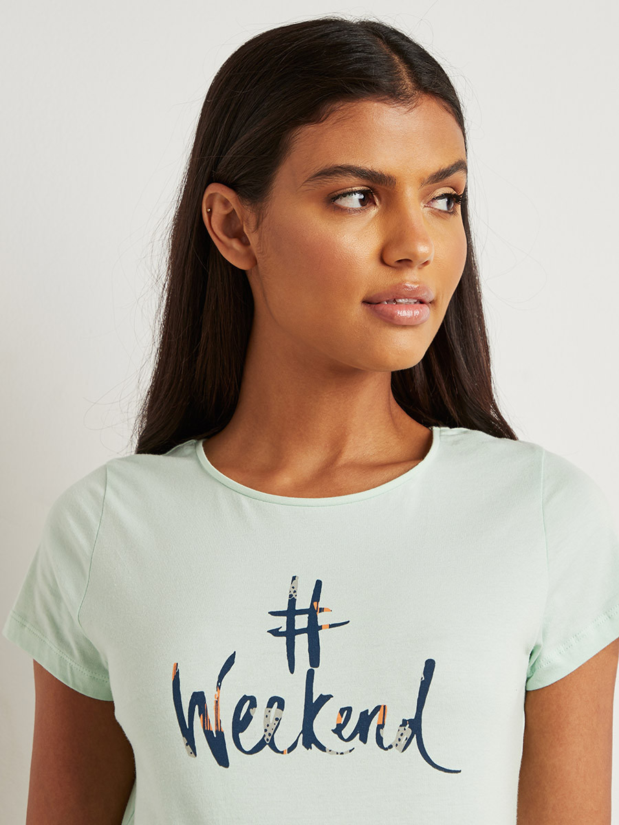 Styli Cotton Weekend Slogan Printed T-shit and Straight Pyjama Set-women-clothing-nightwear-pyjamas-longsets-image-3